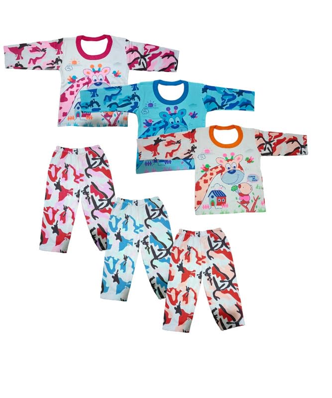 Image of BONUM Full Sleeves Printed Cotton Dress For Baby Boy & Girl Clothing Set Top With Pyjama Pants Unisex Newborn Wear Combo (Pack of 3, Multi)