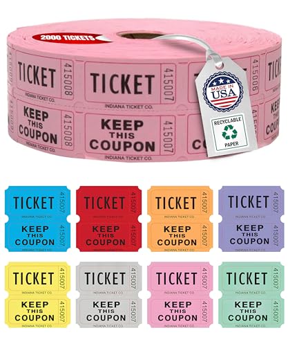 INDIANA TICKET CO. 2,000 Pink Raffle Tickets Double Roll, Premium Quality 50/50 Raffle Tickets, Tickets for Events, Carnivals, Door Prizes, Drinks and More