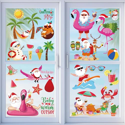 Image of Christmas July Window Clings, 9 Sheets Summer Christmas Window Clings, Tropical Santa Claus Decals Decor, Flamingo July Hawaiian Xmas Snowman Stickers Beach Hawaii Summer Party Decorations Supplies