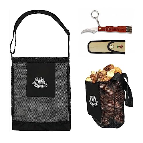 Ensemble Sac et Couteau pour la cueillette des Champignons et des Fruits - Sac en Maille libérant des Spores - - Couteau avec étui et Manche en Bois
