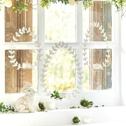 Loberon Hängewindlicht 3er Set Guelph, DREI Größen, filigraner Blätterkranz in Eiform, detailverliebt gearbeitet, Ostern, Osterdekoration, Eisen, antikweiß