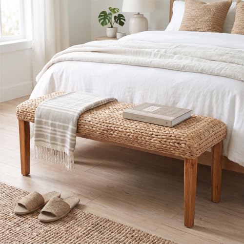 Image of Indoor Acacia Wood Bench 47 inch, Wicker Fishbone Water Hyacinth Woven Seat | Farmhouse Boho Style, Living Room or Entryway, Bedroom End of Bed or Dining