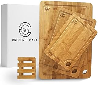 CREDENCE MART Wooden Chopping Board Set of 3 with Stand - 100% Natural Organic Bamboo Cutting Boards | Ideal for Cutting Meat, Vegetables, Fruits & Bread | Cheese Board for Serving Crackers & Cheese