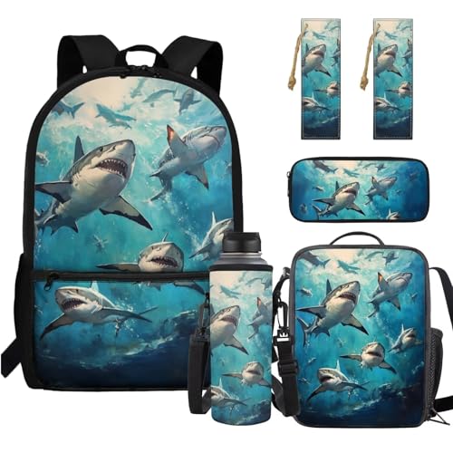 Shark Backpack for Boys Kids Backpack with Lunch Box Water Bottle Carrier Pencil Holder Pouch and Leather Bookmark 5 Pcs Set 17