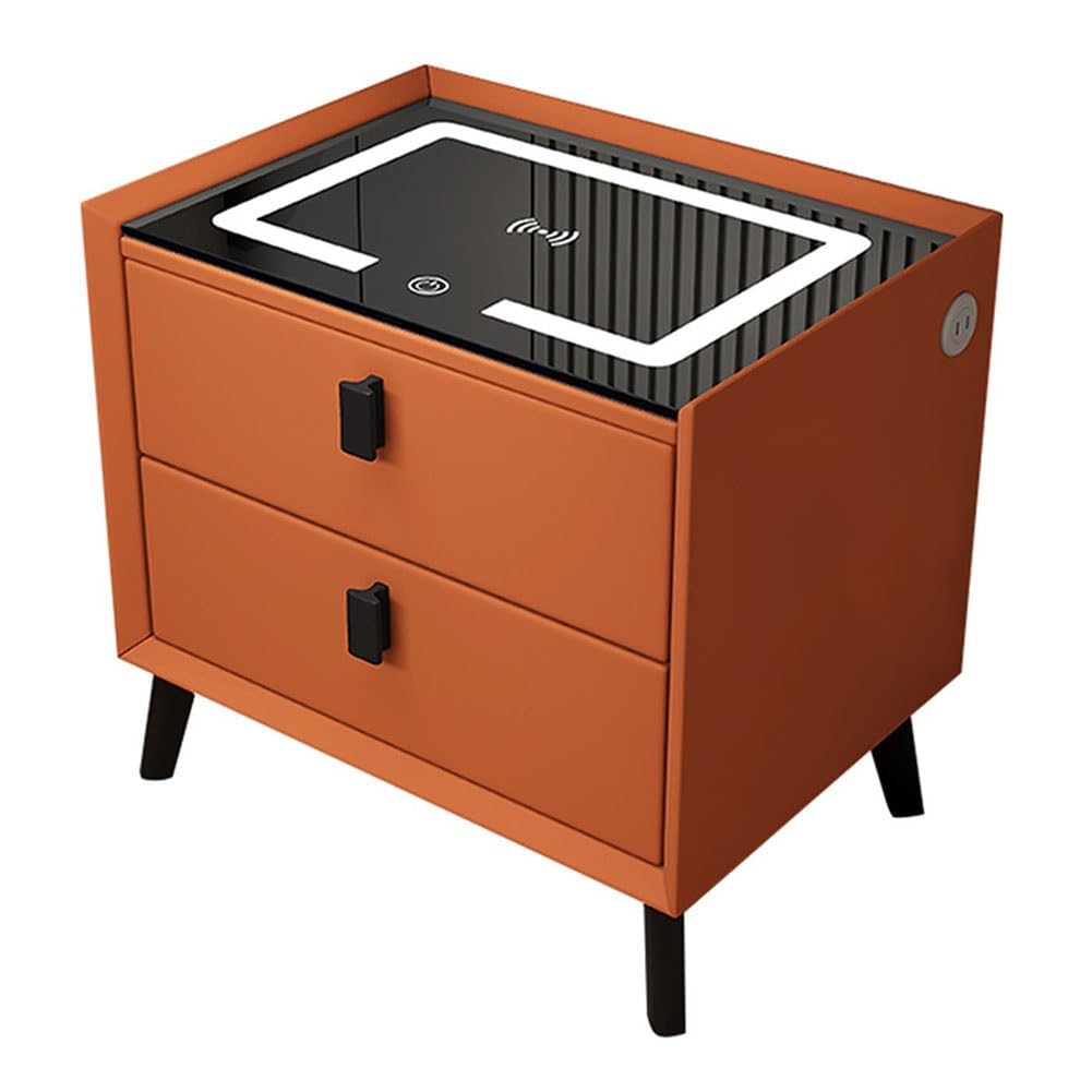 ASerZenith Tempered Glass Top Nightstand With Charging Station,Bedside Tables With Led Lights,W/2 Drawers For Bedroom,Orange-50X40Cm