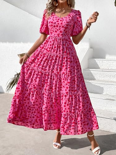 Image of PRETTYGARDEN Puff Short Sleeve Cewneck Floral Long Fall Dresses for Women 2025 Flowy Tiered Hem Maxi Wedding Guest Dress