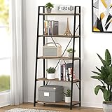 BON AUGURE Industrial Ladder Shelf Bookcase, Rustic 5 Tier Ladder Bookshelf Shelving Unit, Wood and...