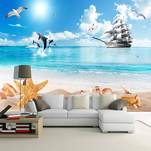 Papel Tapiz Fotográfico 3D Personalizado Playa Paisaje Marino Cielo Azul Nubes Blancas Velero Delfín Ave Sala De Estar Sofá Tv Fondo Murales De Pared,400 * 280Cm