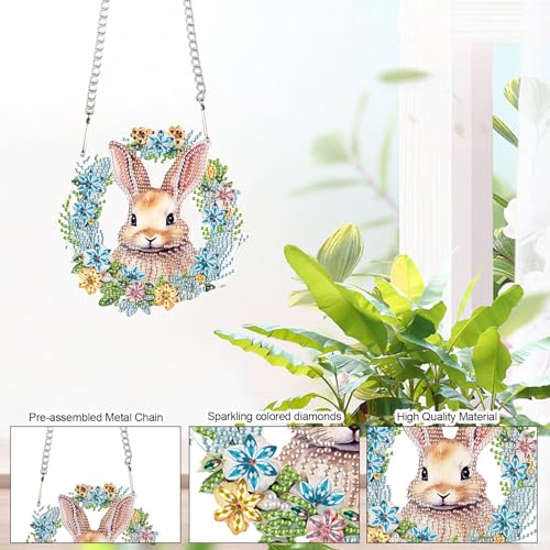 Image of AiYuanzsh Bunny Wreath Diamond Painting Hanging Kit, 5D DIY Acrylic Special Shaped Diamond Art Pendant Ornament Board for Wall, Door, or Garden Decor, Easter Diamond Art Kit for Adults