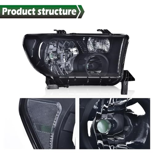 Image of GRAND ORANGE Headlights Assembly Compatible with Toyota Tundra 2007-2013, Fit Toyota Sequoia 2008-2017 Left & Right Headlamps, Smoky Lens Black Houing Clear Reflector, 811100C051