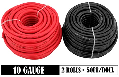 GS Power 10 Gauge Stranded Flexible Copper Clad Aluminum CCA Primary Automotive Wire for Car Stereo Amplifier 12 Volt Trailer Harness Hookup Wiring. 50 ft Red & 50 feet Black