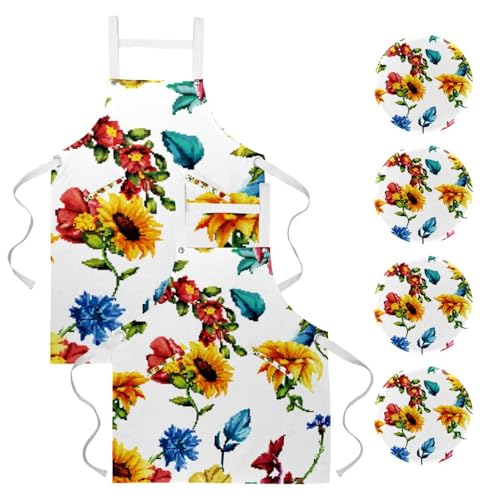 Lot de 2 tabliers de cuisine à motif tournesol et rose pour bar