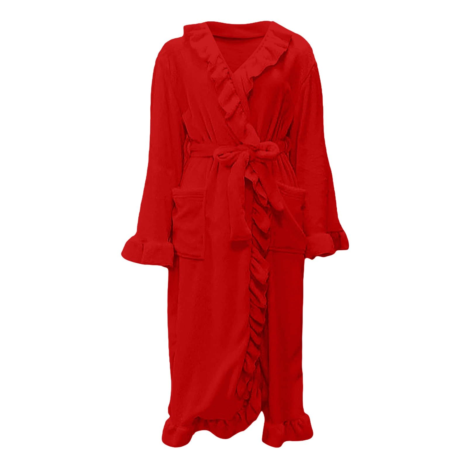 Accappatoio da donna in flanella spessa, leggero, termico, S-XL | Loungewear - Pigiama da donna con volant, vestibilità larga, collo a risvolto, con cintura, tinta unita, caldo negligee
