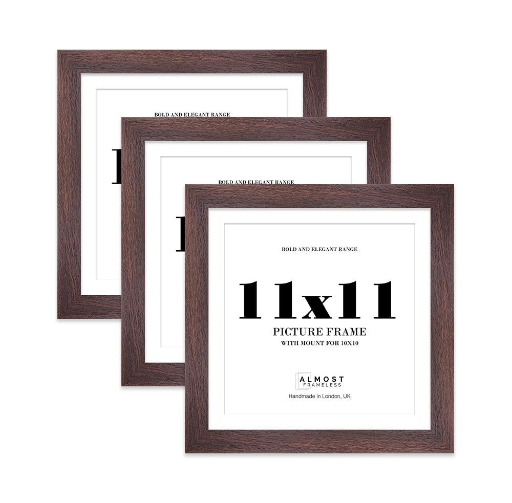 11x11 Walnut Square Frame With Mount for 10x10 Pictures 28mm Edge Frame Display with Wall Hooks and Kickstand, 3 Pack