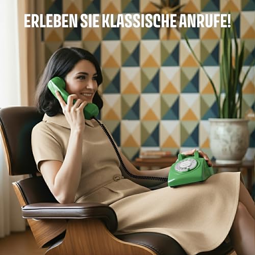 Opis Technology 60s Cable Retro Telefon mit Wählscheibe – Klassisches Festnetztelefon, mechanische Metallklingel & Vintage Design, kompatibel mit modernen Routern (FritzBox etc.) – Grün