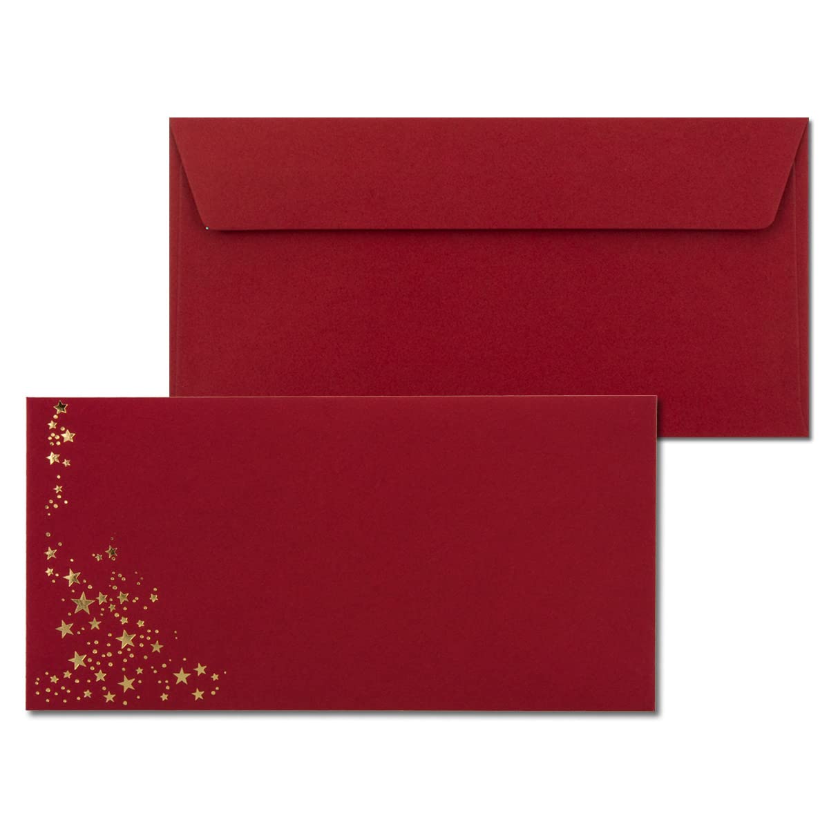 Lot de 250 enveloppes avec étoiles métallisées – Format DIN long – Pluie d'étoiles dorées en relief – Couleur : rouge foncé, fermeture autocollante, 120 g/m² – 110 x 220 mm – Idéal pour Noël