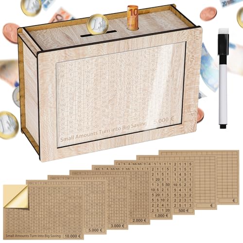 Alyvisun Tirelire en Bois 5000€ avec Marqueur et Autocollants, Réutilisable avec Objectifs Chiffres D'épargne, Coffre Cash Box pour Adultes et Enfants...