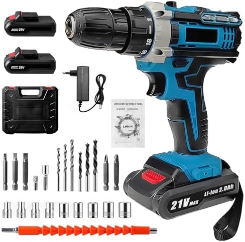 Perceuse-visseuse Sans Fil 21V – Lot Avec 2 Batteries Li-ion 2Ah, Chargeur, Embouts, Douille