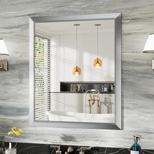Image of 36x30 Inch Brushed Silver Bathroom Mirror for Wall, Thick Metal Framed Rectangle Mirrors for Over Sink, Bedroom, Living Room, Entryway, Anti-Rust, HD Tempered Glass