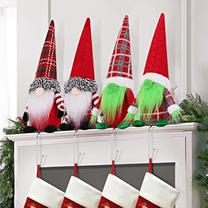 Christmas Grinch Gnome Gifts for Women – Gnomes with Stocking Holder, 4 Pack Buffalo Plaid Christmas Gnomes Plush Mantle…