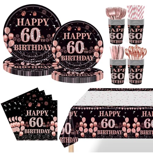 Image of 60th Birthday Party Decorations for Women – Rose Gold 193 Pcs Party Supplies for 24 Guests, Includes Plates, Cups, Napkins, Cutlery & Tablecloth