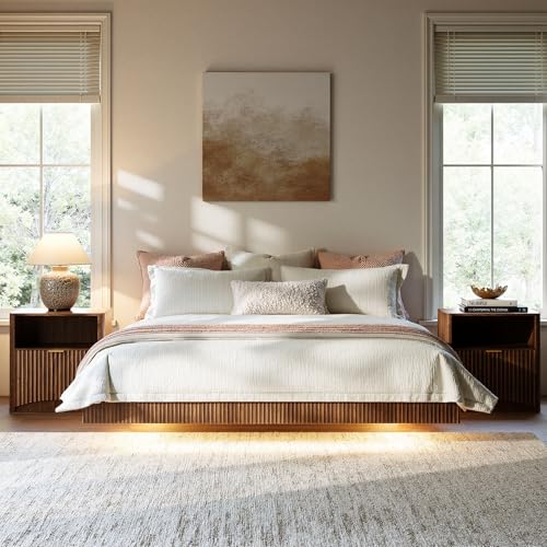 Image of Evermagin Walnut King Floating Bed Frame with led Lights, Fluted 14In High Platform Bed No Headboard, Mid Century Modern Float Metal Bedframe, No Box Spring Needed (Walnut, King-14in high)