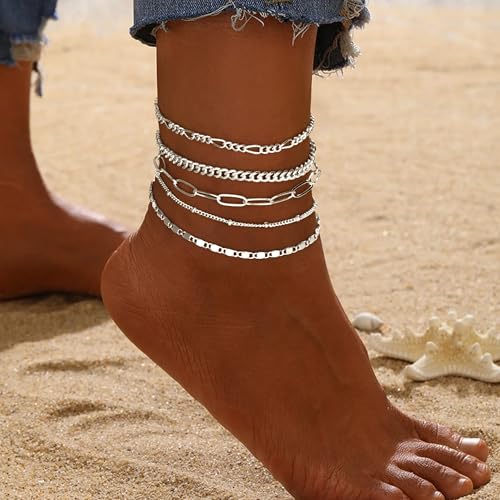 image for Gokeey Silver Ankle Bracelet for Women Dainty Cuban Link Paperclip Cub