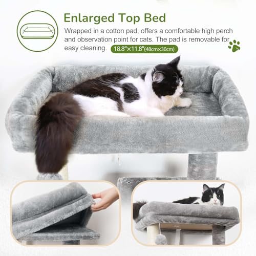Globlazer Cat Tree Tower with Scratching Post for Indoor Cats, 53inch Tall Plush Multi-Level Cat Climbing Tower Condo House with Large Hammock, Spacious Cat Cave, Padded Top Perch Bed, F53, Light Gray - Image 3