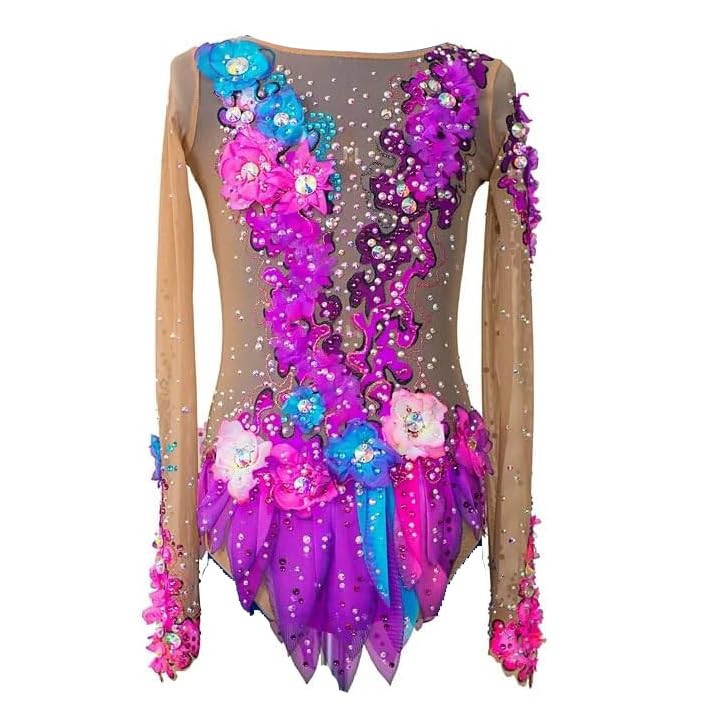 Donna Manica Lunga Competizione Professionale Ginnastica Ritmica Danza Body Ragazze Gradient Ghiaccio Pattinaggio Prestazioni Abiti Brillanti Strass Cristallo