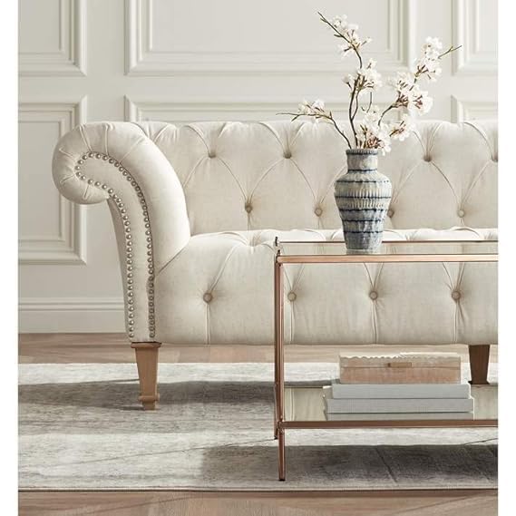 Image of Modern and Stylish 3 Seater Chesterfield Luxury Sofa with Valvet and Fabric Comfortable Sofa for Living Room, Dining Room, Hallway, and Office-(Beige).