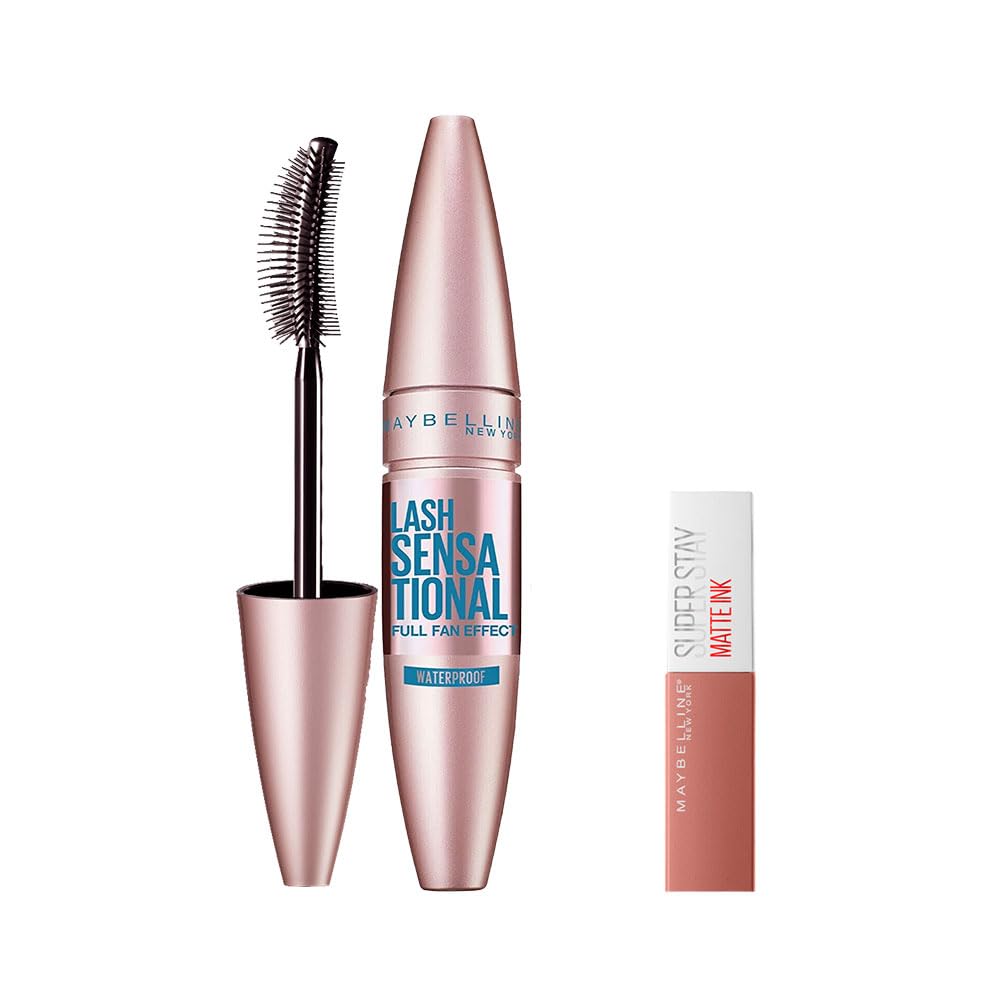 Maybelline New York Lash Sensational Yelpaze Etkili Suya Dayanıklı Siyah Maskara 9.4 ml & Mini Super Stay Matte Ink Likit Mat Ruj 65 Seductress Makyaj Seti