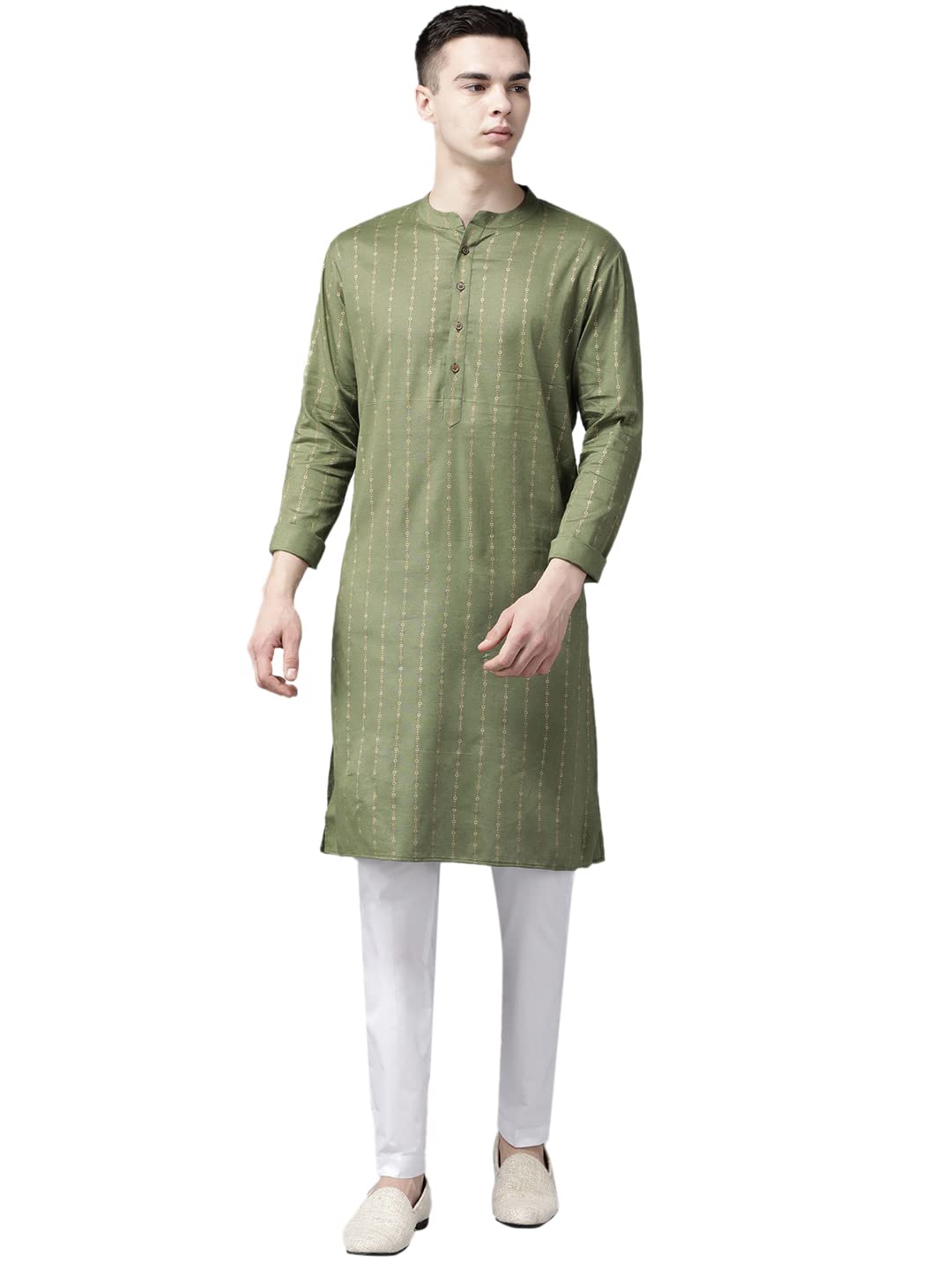 see designs Men Green & Gold Stripe Printed Straight Kurta-picture-20