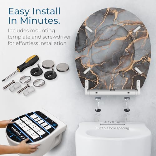 Image of Sanilo Wooden Toilet Seat with Quick Release & Soft Close [ROUND] - Decorative & Slow Close Molded Wood Seat - With One Click for Easy Installation & Cleaning - With Adjustable Fit (Marble Abstract)