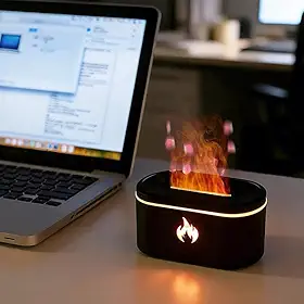 Mini umidificador USB de mesa 2026 com chama simulada, umidificador de ar compacto e portátil para casa, escritório e viagens (preto)