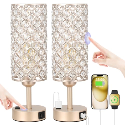 Image of Hong-in Touch Table Lamps for Bedrooms Set of 2-3 Way Dimmable Champagne Gold Crystal Lamps with Crystal Shade, Bedside Nightstand Lamp for Living Room Bedroom Home Office