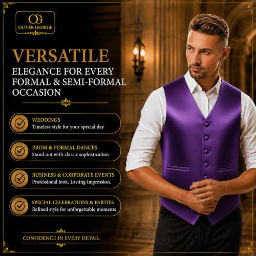 Image of Oliver George 4pc Men's Solid Formal Suit Waistcoat Tuxedo Dress Vest Necktie Bowtie Handkerchief Set for Suit or Tuxedo