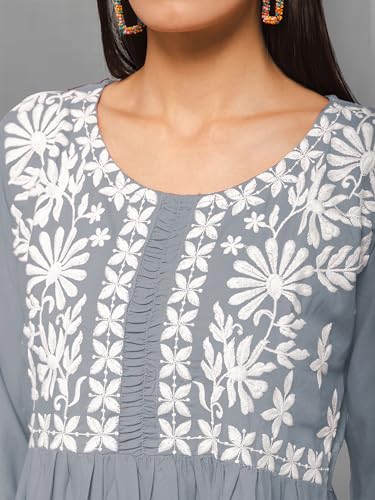 Image of Winza Designer Rayon Chikankari Embroidered Short Kurti | Plus Size Kurta Tunic Top