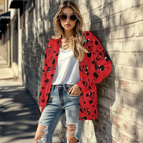 Image of Forchrinse Red Ladybug Cardigan for Women Causal Long Sleeve Open Front Cardigans Sweater Fashion 2024 Fall Coat with Pockets