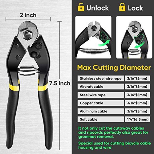 Eacker Cable Cutter Wire Rope Cutter Heavy Duty Wire Cutters, 3/16" Chrome Vanadium Steel Jaw, Steel Wire Cutter For Thick Wire Ropes, Steel Wires, Aircraft Cables #TOP1
