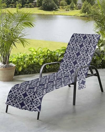 Beach Pool Patio Lounge Chaise Chair Cover Towel with Pockets,Navy Blue Geometric Absorbent & Quick Dry Microfiber Towel Cover Bag Summer Travel Accessories Abstract Modern Western Boho Flower