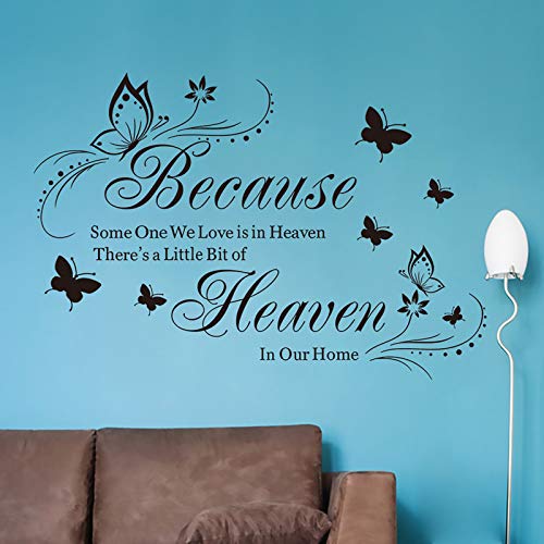 Because Someone We Love Is In Heaven Wall Decals, Flowers Quotes And Sayings Butterfly Wall Stickers, Removable Diy Vinyl Wall Decor Art Mural For Bedroom Living Room Decoration (Black) #TOP3