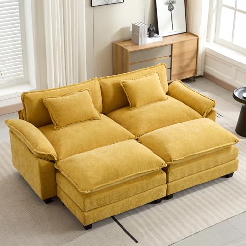 Image of Oprisen 86 inch Modular Sectional Sofa, Comfy Cloud Couch Sectional Sofa with Ottoman, Chenille Sofa Sleeper Deep Seat Sofa with Throw Pillows for Living Room (Yellow)
