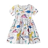 Hongshilian Toddler Girls Cotton Casual Dress Cartoon Print Short Sleeve Dress Girls Summer Sundress 2-7 Years(2T,Dinosaur & Ｗhite)