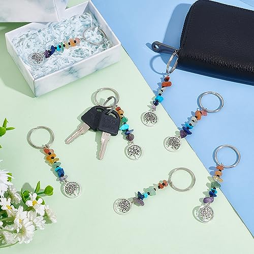 UNICRAFTALE 16Pcs 7 Chakra Keyring Crystal Gemstone Chips Keychains with Alloy Charms Pendants Findings Flat Round with Tree of Life Keychain Key Chain Stone Charmes Keychain Charm Gift - Image 2