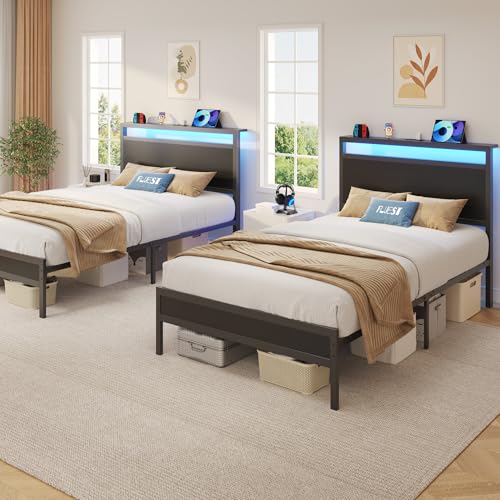 Image of Fluest Twin Bed Frame with Headboard & Footboard, Twin Bed Frame with Charging Station & LED Light, Under-Bed-Storage, No Box Spring Needed, Noise Free, Easy Assembly, Classic Black
