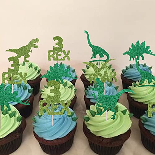 24 Pack Dinosaur Cupcake Toppers Glitter 3 Rex Roar Dinosaur Cupcake Picks Three Years Old Dino Theme Baby Shower Third Birthday Party Cake Decorations Supplies Green #TOP4