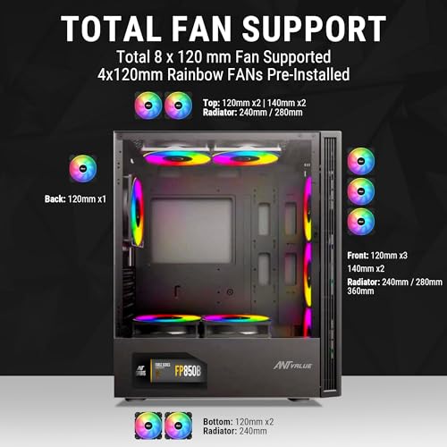 Image of Ant Value VM40 ATX Computer Case /Gaming Cabinet - Black | Support ITX | Pre-Installed 3 Front & 1 Rear Rainbow Fans