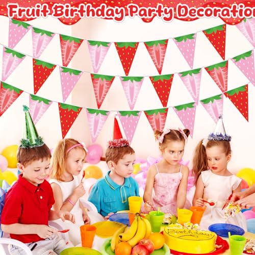 Image of Gersoniel 5 Pcs Strawberry Party Decorations Berry Pennant Banner | Pre-strung Triangle Flags for Red Berry Themed Birthday, Baby Shower, Wedding Party, Classroom Decorations, Paper Bunting