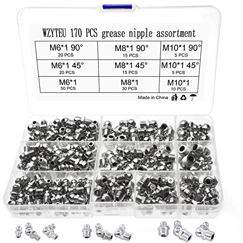 WZYTEU 170 Pcs Engrasador, Hierro Niquelado Boquilla Engrasadora M6 M8 M10 Recto y en áNgulo de 45°, 90° para Equipos Mecánicos, Pistolas Engrasadoras, con Caja de Almacenamiento