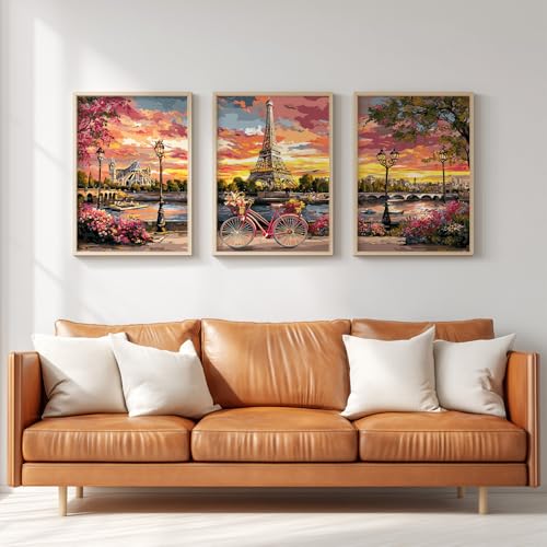 Lienzo decorativo con diseño de paisaje francés, grande, 30 x 40 cm, decoración para salón, salón, decoración del hogar, imagen retro, floral, puesta de sol, torre Eiffel, diseño de la ciudad